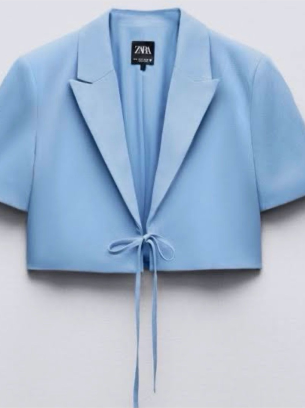 ZARA Baby Blue Short Sleeve Cropped Tie-Front Blazer Top